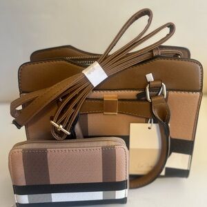 Brown and Tan Handbag and Wallet Set
